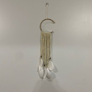 Small Dreamcatcher with gold and white strings, feathers